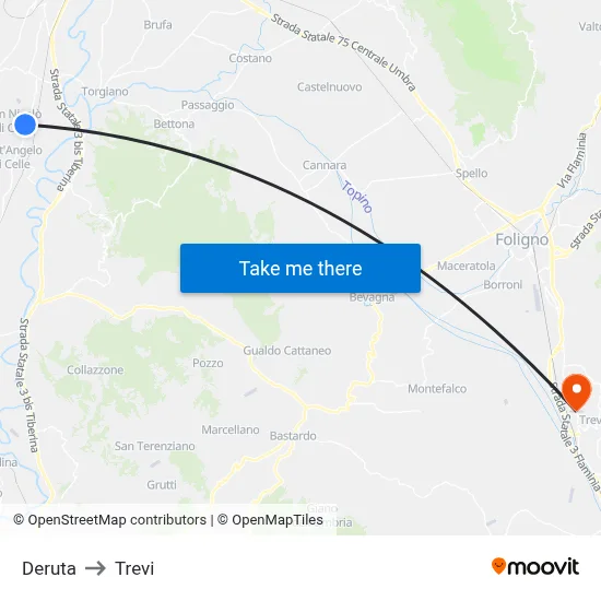 Deruta to Trevi map