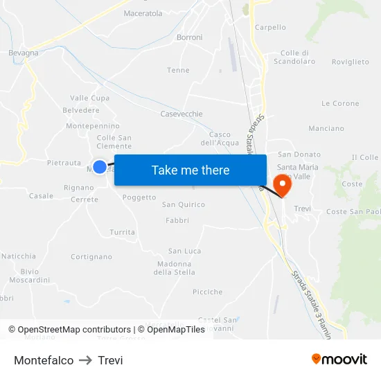Montefalco to Trevi map