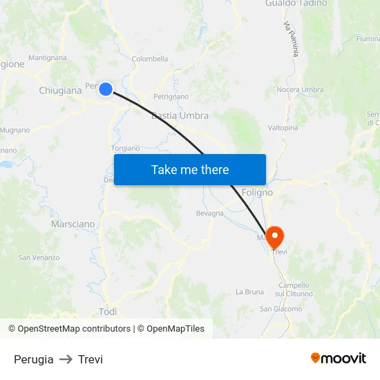 Perugia to Trevi map