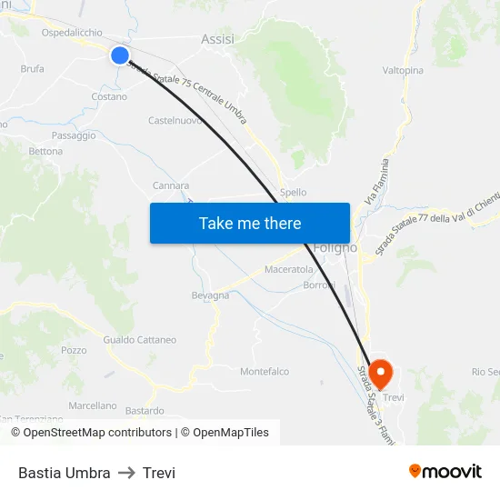 Bastia Umbra to Trevi map