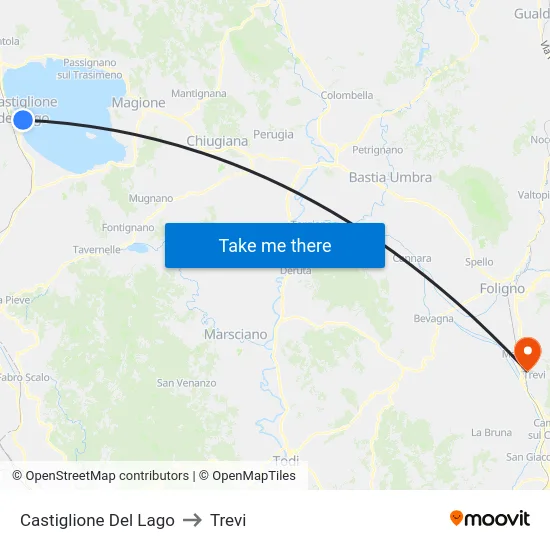 Castiglione del Lago to Trevi map
