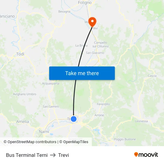 Bus Terminal Terni to Trevi map