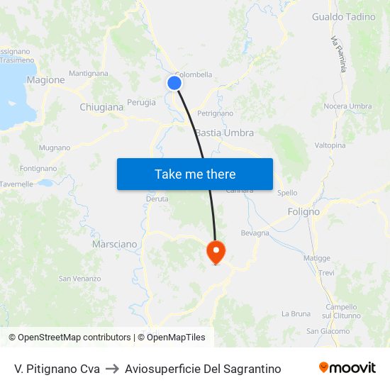 V. Pitignano Cva to Aviosuperficie Del Sagrantino map