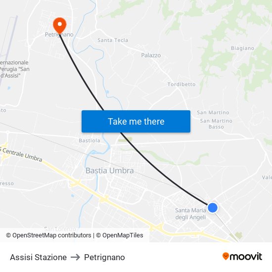 Assisi Stazione to Petrignano map