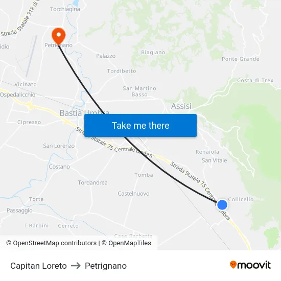 Capitan Loreto to Petrignano map