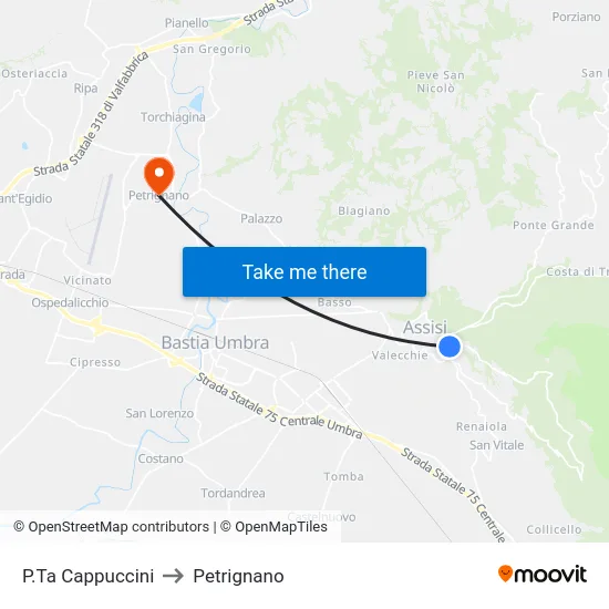 P.Ta Cappuccini to Petrignano map