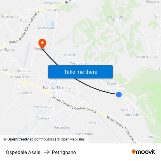 Ospedale Assisi to Petrignano map