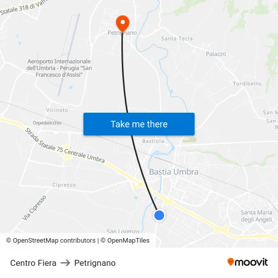 Centro Fiera to Petrignano map