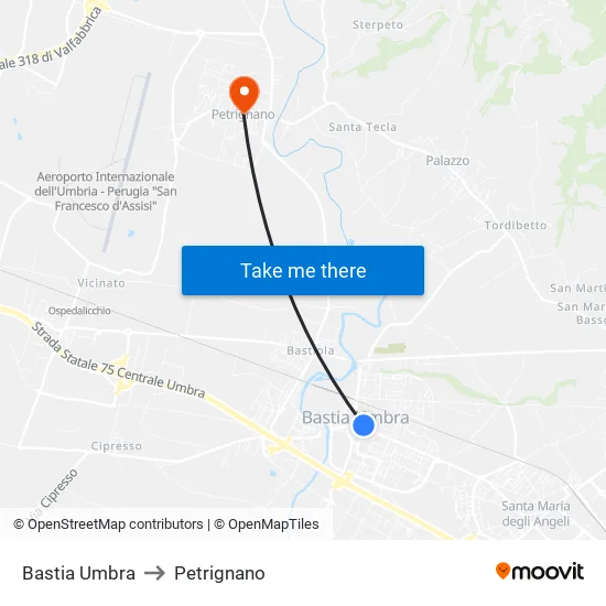 Bastia Umbra to Petrignano map