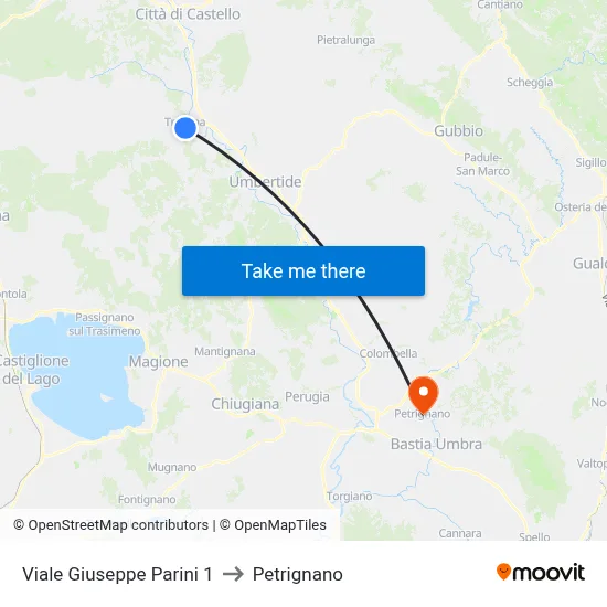 Viale Giuseppe Parini 1 to Petrignano map