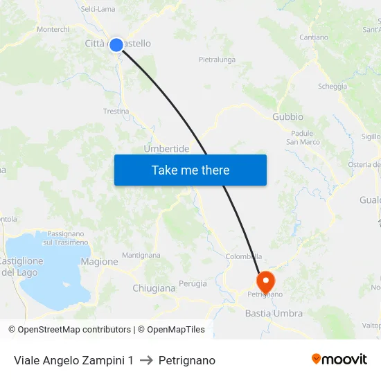 Viale Angelo Zampini 1 to Petrignano map