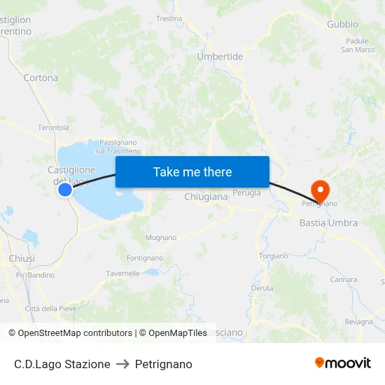Castiglione del Lago Station to Petrignano map