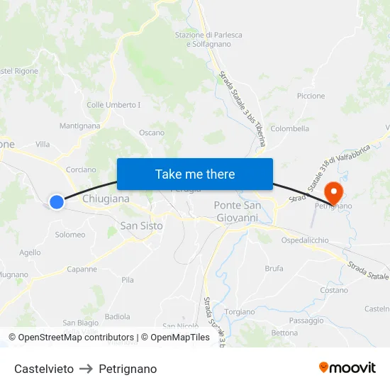 Castelvieto to Petrignano map