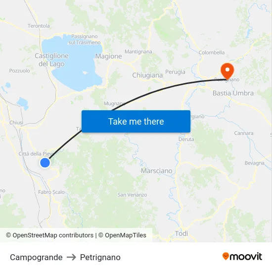 Campogrande to Petrignano map