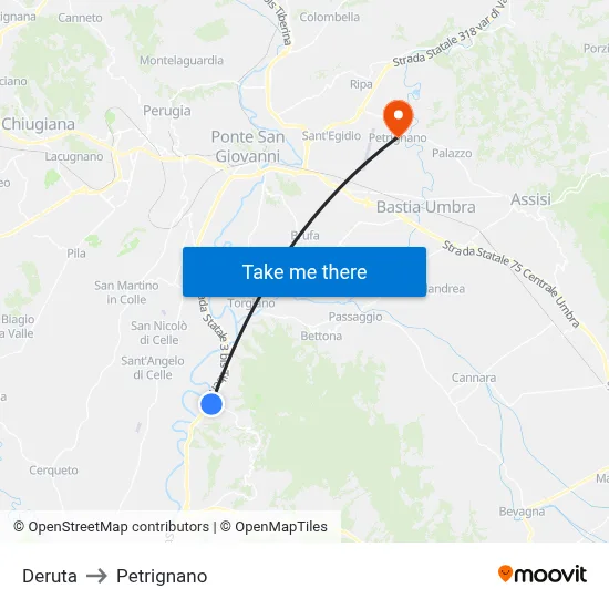 Deruta to Petrignano map