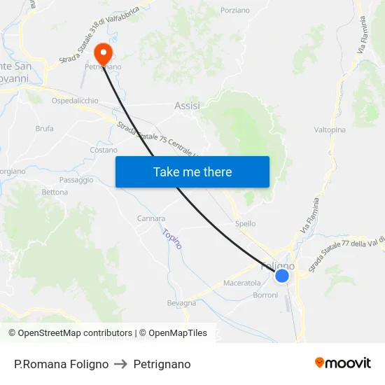 P.Romana Foligno to Petrignano map