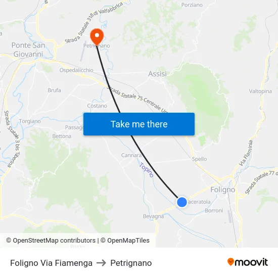 Foligno Via Fiamenga to Petrignano map