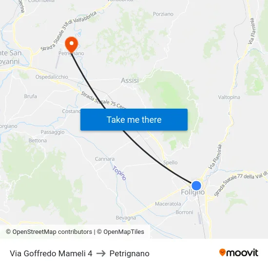 Via Goffredo Mameli 4 to Petrignano map