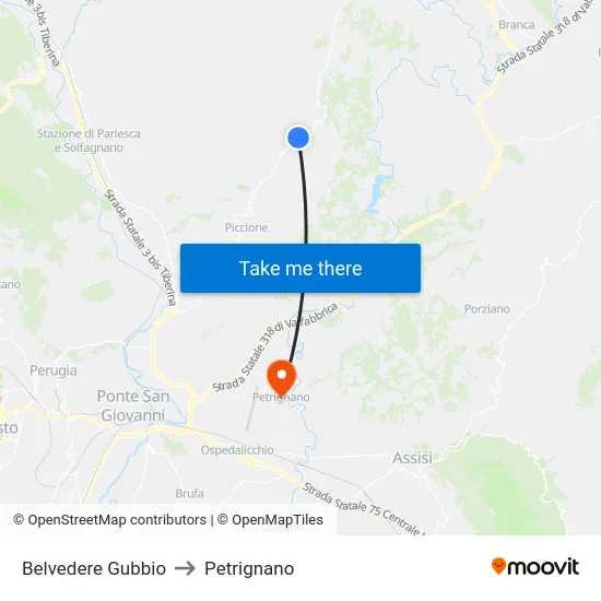 Belvedere Gubbio to Petrignano map