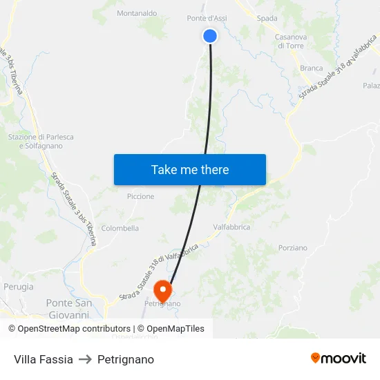 Villa Fassia to Petrignano map