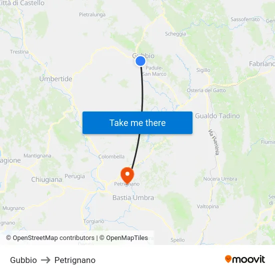 Gubbio to Petrignano map