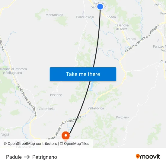 Padule to Petrignano map