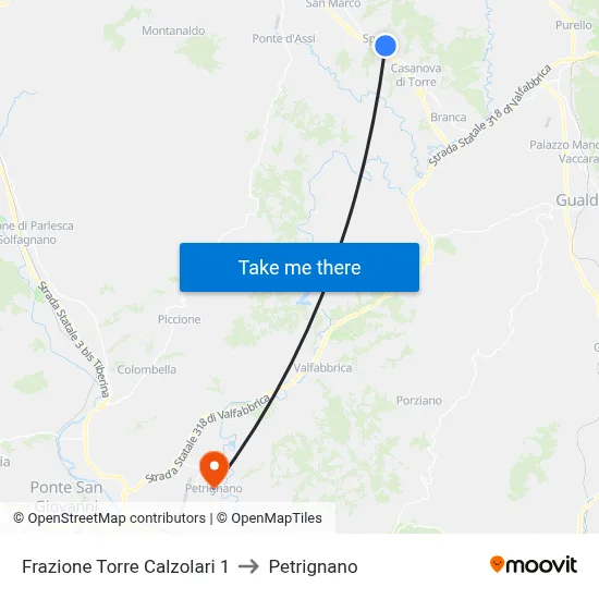 Torre Calzolari District 1 to Petrignano map