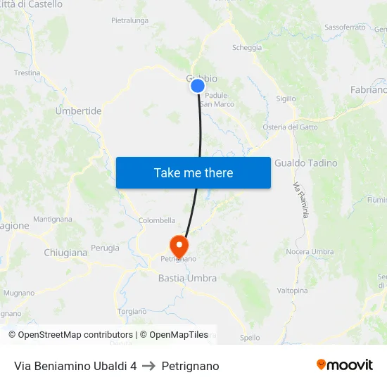 Via Beniamino Ubaldi 4 to Petrignano map