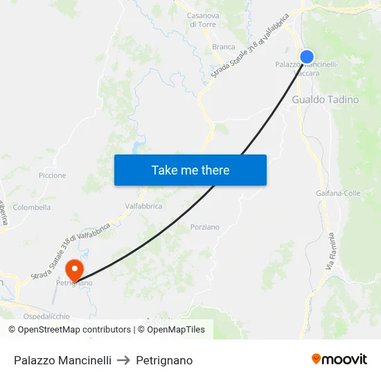 Palazzo Mancinelli to Petrignano map
