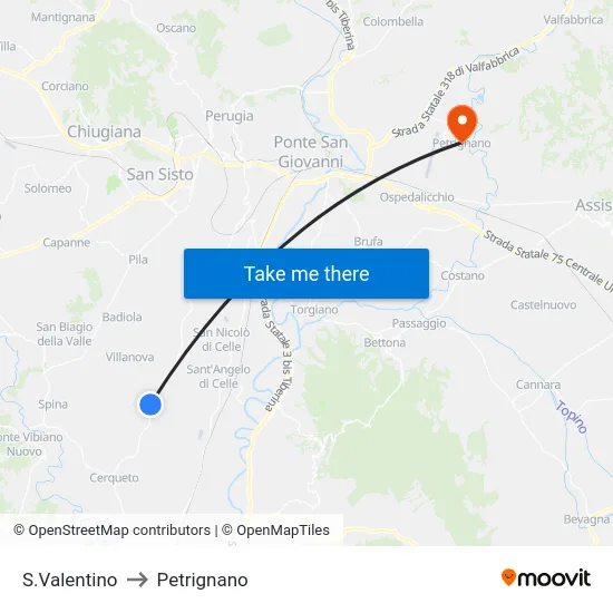 S.Valentino to Petrignano map
