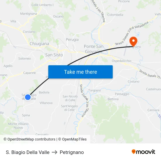 S. Biagio Della Valle to Petrignano map