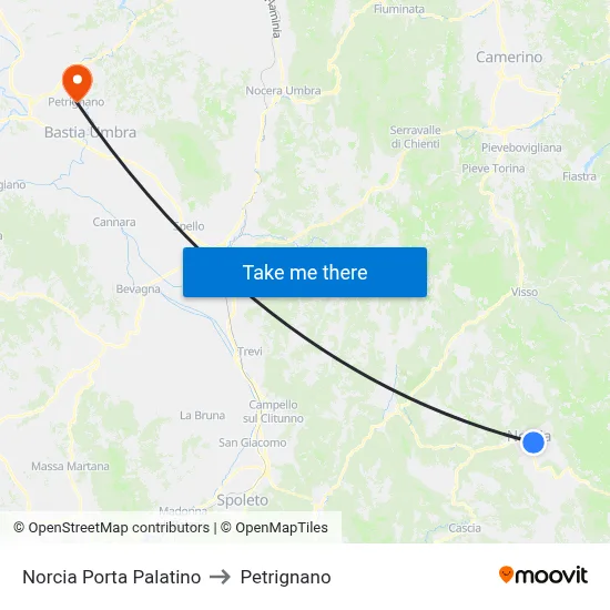 Norcia Porta Palatino to Petrignano map