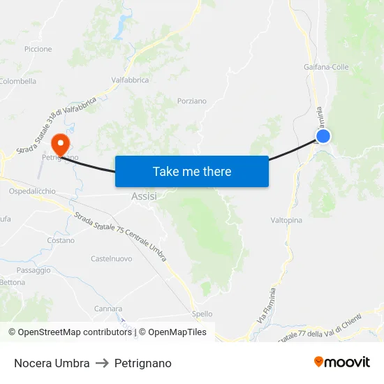 Nocera Umbra to Petrignano map