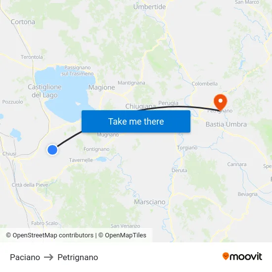 Paciano to Petrignano map