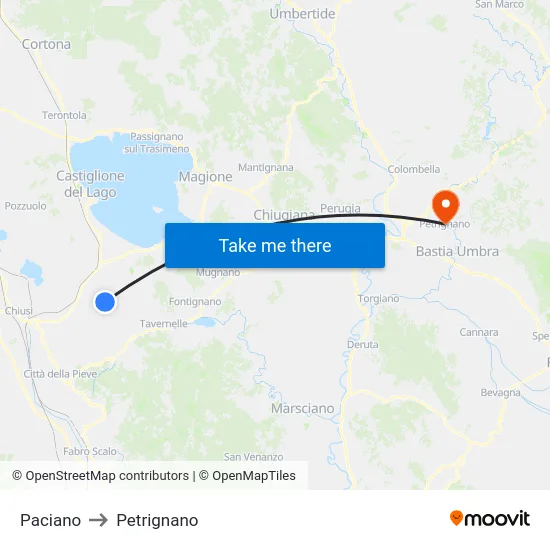 Paciano to Petrignano map