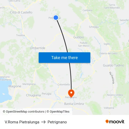 V.Roma Pietralunga to Petrignano map