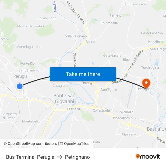 Bus Terminal Perugia to Petrignano map