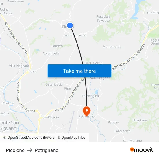 Piccione to Petrignano map