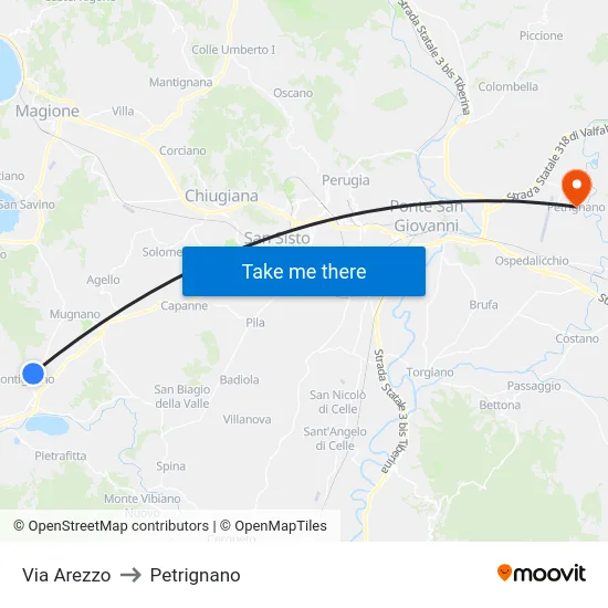 Via Arezzo to Petrignano map