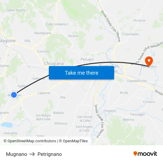 Mugnano to Petrignano map