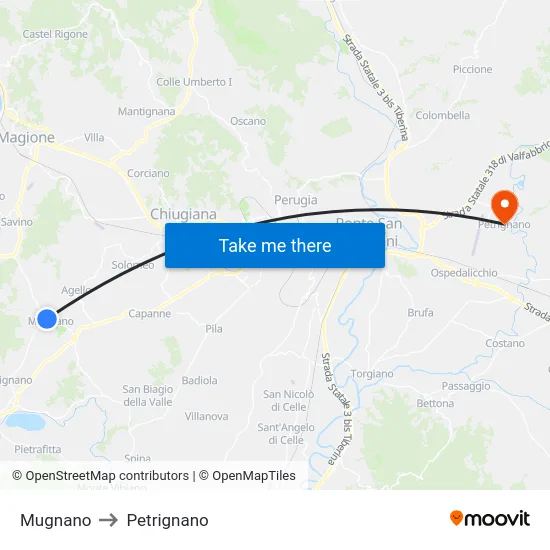 Mugnano to Petrignano map