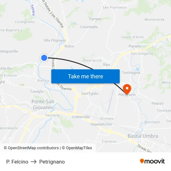 Ponte Felcino to Petrignano map