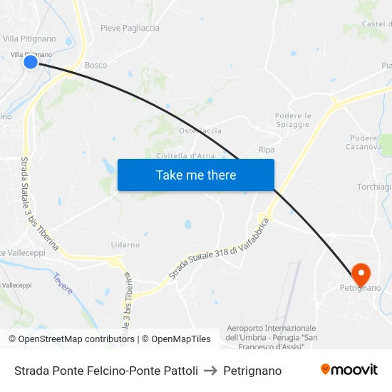 Strada Ponte Felcino-Ponte Pattoli to Petrignano map