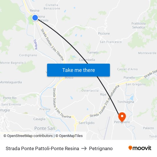 Strada Ponte Pattoli-Ponte Resina to Petrignano map