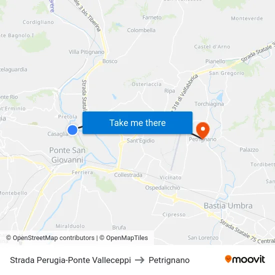 Strada Perugia-Ponte Valleceppi to Petrignano map