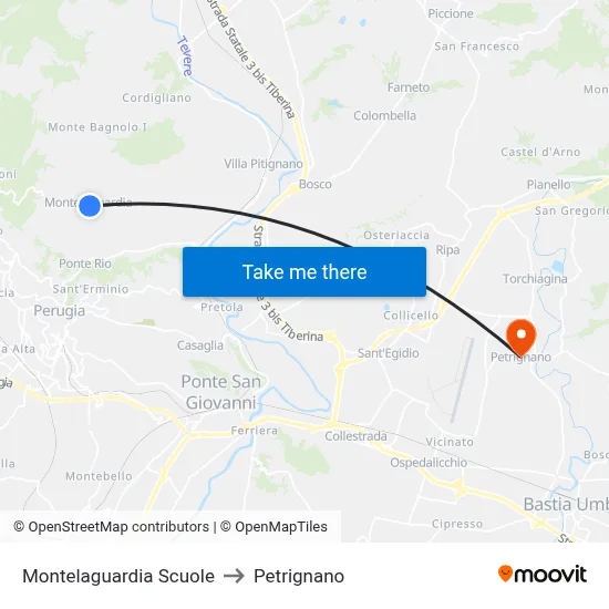 Montelaguardia Schools to Petrignano map