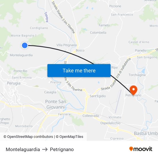 Montelaguardia to Petrignano map
