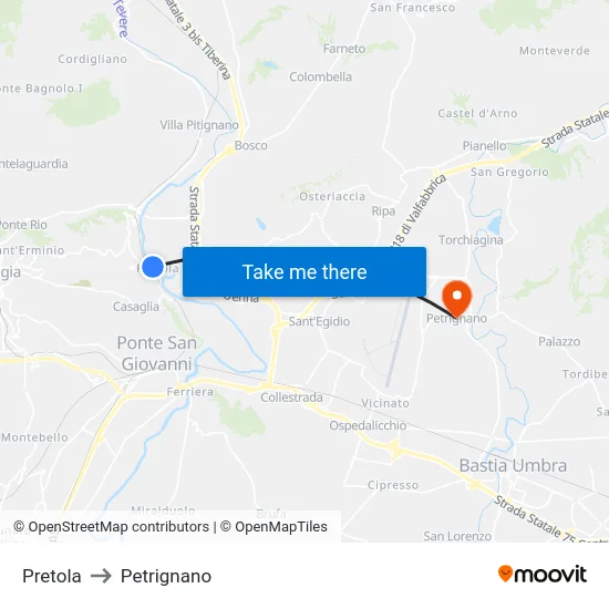 Pretola to Petrignano map