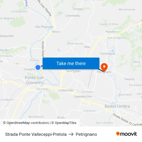 Ponte Valleceppi-Pretola Road to Petrignano map