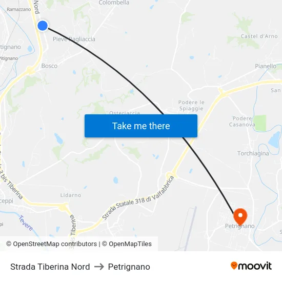 Strada Tiberina Nord to Petrignano map